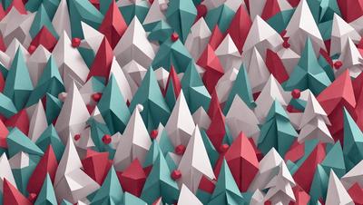The primary subject of the image is a close-up of a Christmas tree, which is the main object in the scene. The setting is a colorful and festive environment, with a patterned background that adds to the overall atmosphere. The visual style is a combination of digital art and illustration, creating a unique and eye-catching design. The dominant colors in the image are red, green, and white, which are associated with the Christmas season and convey a warm, joyful mood.